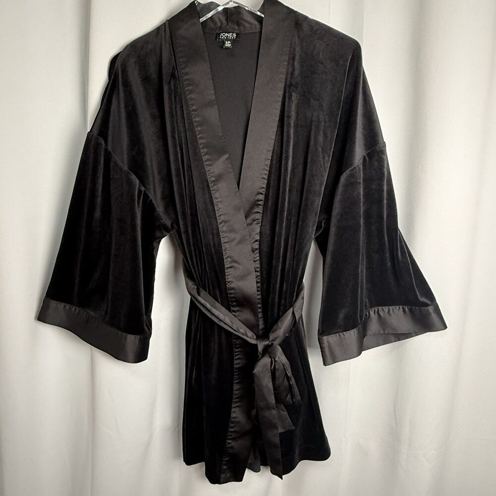 Jones New York Velvet Satin Trim Attached Sash Kimono Sleeve Short Robe Sz S/M